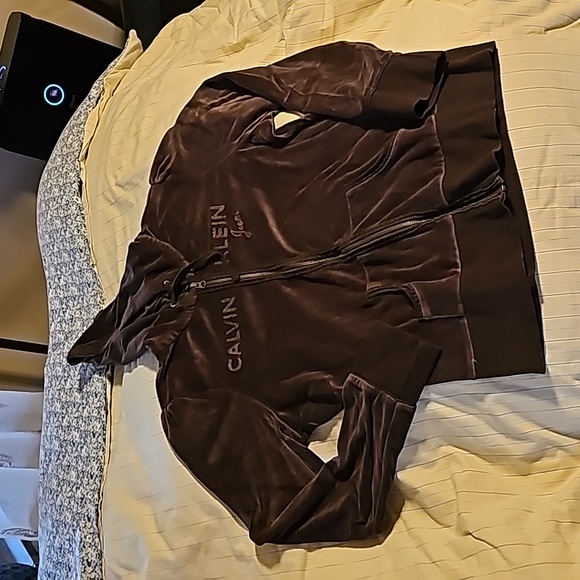 Brown Calvin Klein Velour Hoodie Jacket - Picture 3 of 11